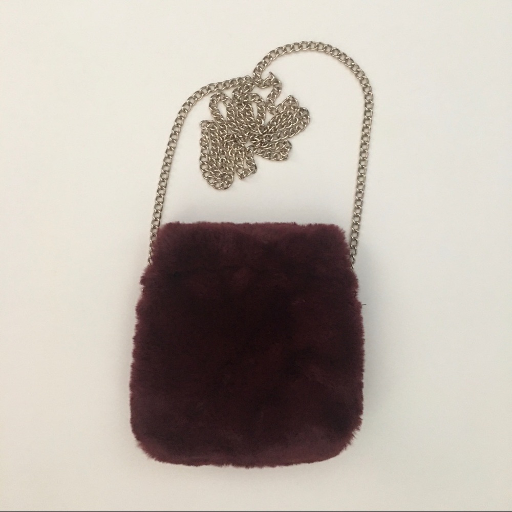 Fuzzy Burgundy Wine Bag with Chain Strap